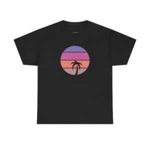 black t shirt with circle sunset and palm trees design simple summer tee trendy graphic beach shirt unisex casual top